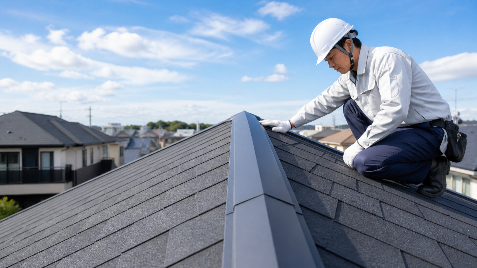 棟板金を点検する屋根職人の写真